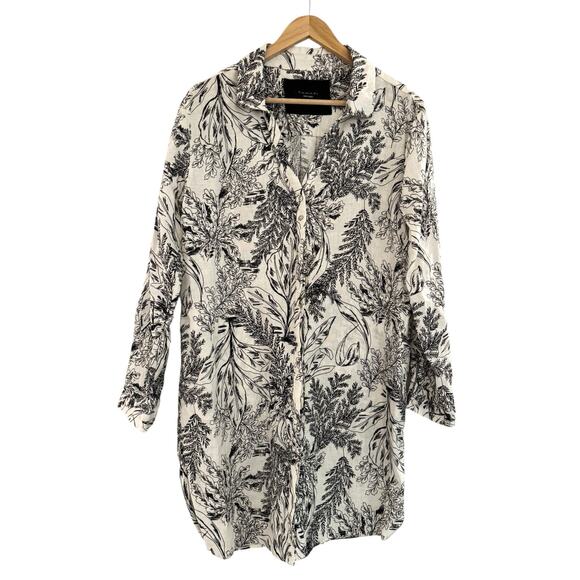 Tahari 100% Linen Collared Dress Black Ivory Tropical Print Toile New M Sustain - Picture 3 of 9